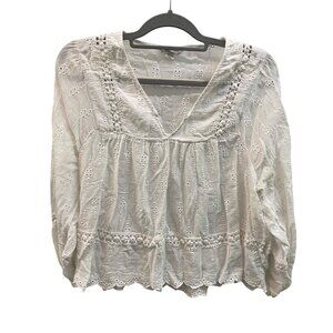 American Eagle White Eyelet Blouse Cotton Peasant Style Size S Boho Coastal